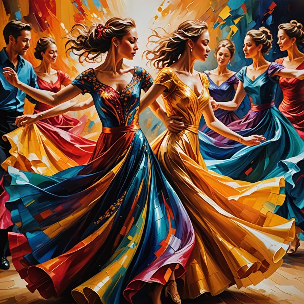 Flowing dancers bright colours flowibg gowns movement action