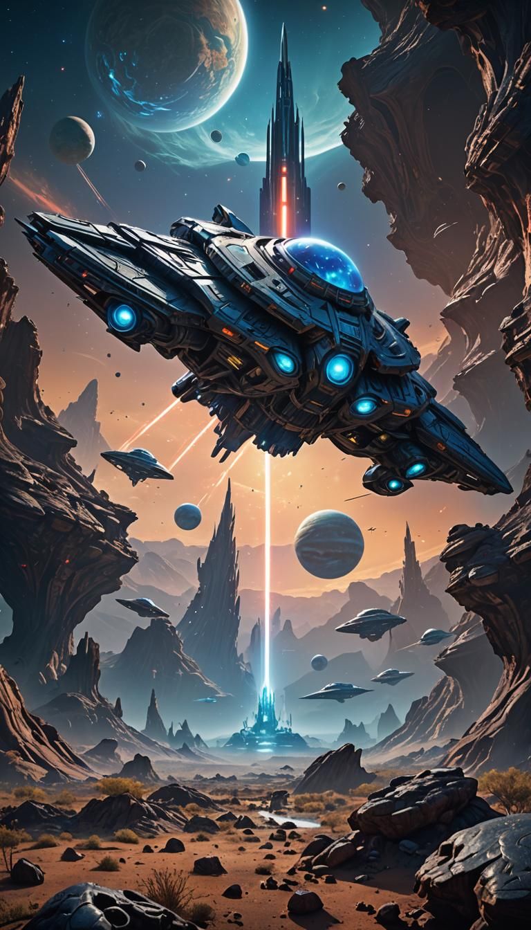 Alien Starship on Planet in Detailed Matte Painting