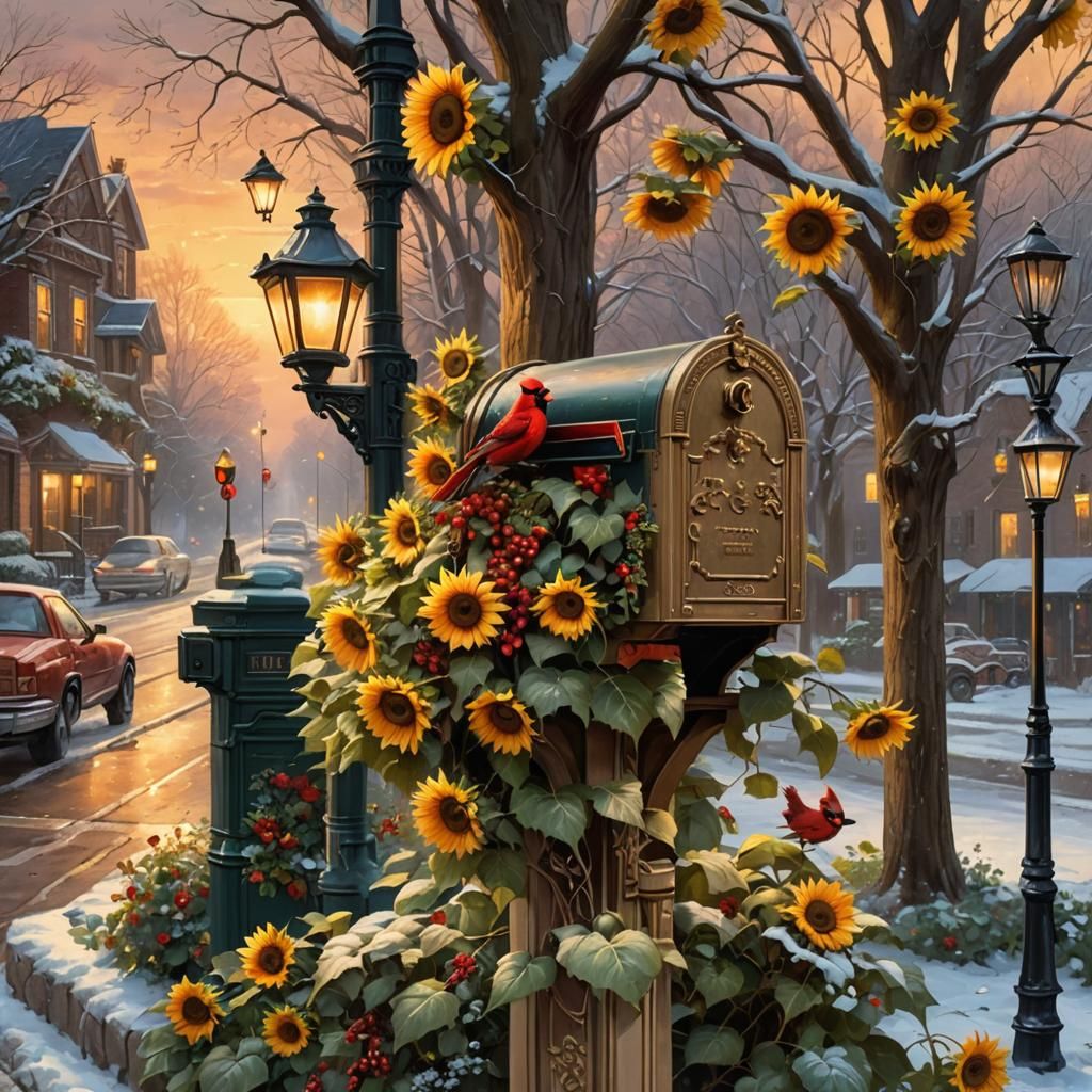 Winter Cardinal on Sunflower Mailbox in Kinkade Style