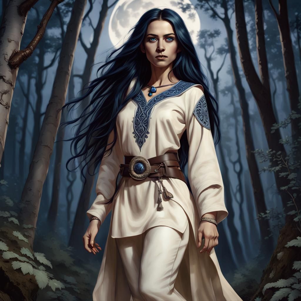 Female Kalashtar Druid Portrait in Moonlit Forest