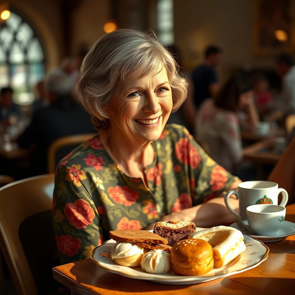 Woman Delights in Church Coffee Morning Spread