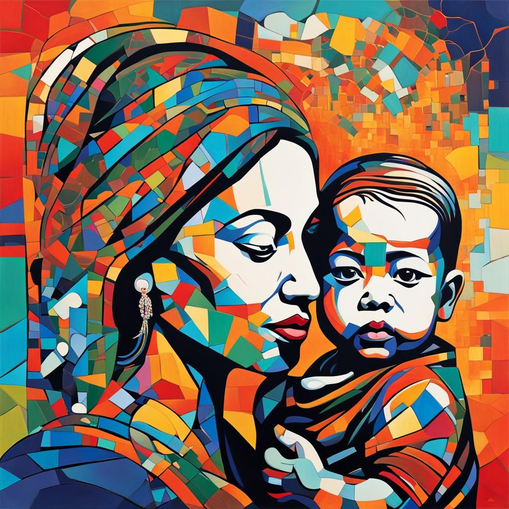 Abstract Mother and Baby Masterpiece in Mixed Styles
