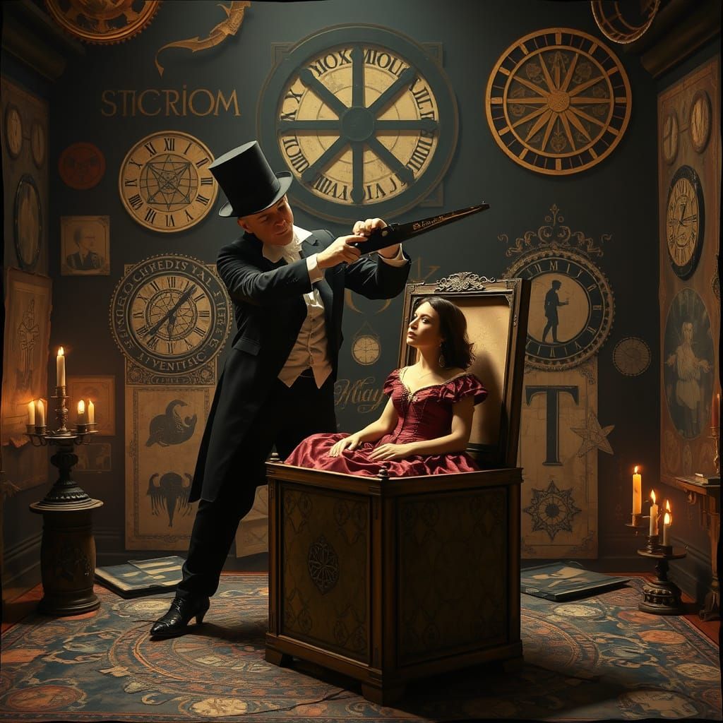 Magician Sawing Woman: Mixed Media Assemblage