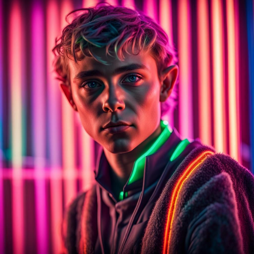 Elf Portrait in 80s Style with Neon Laser Stripes
