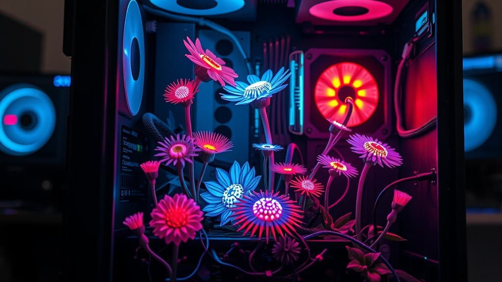 Surreal Cyberpunk Garden Blooms in a Computer Case