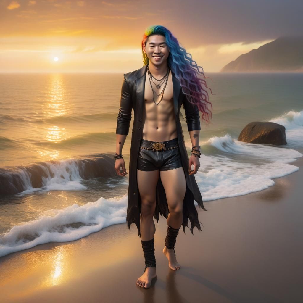 Rainbow-Haired Man on Beach at Sunset