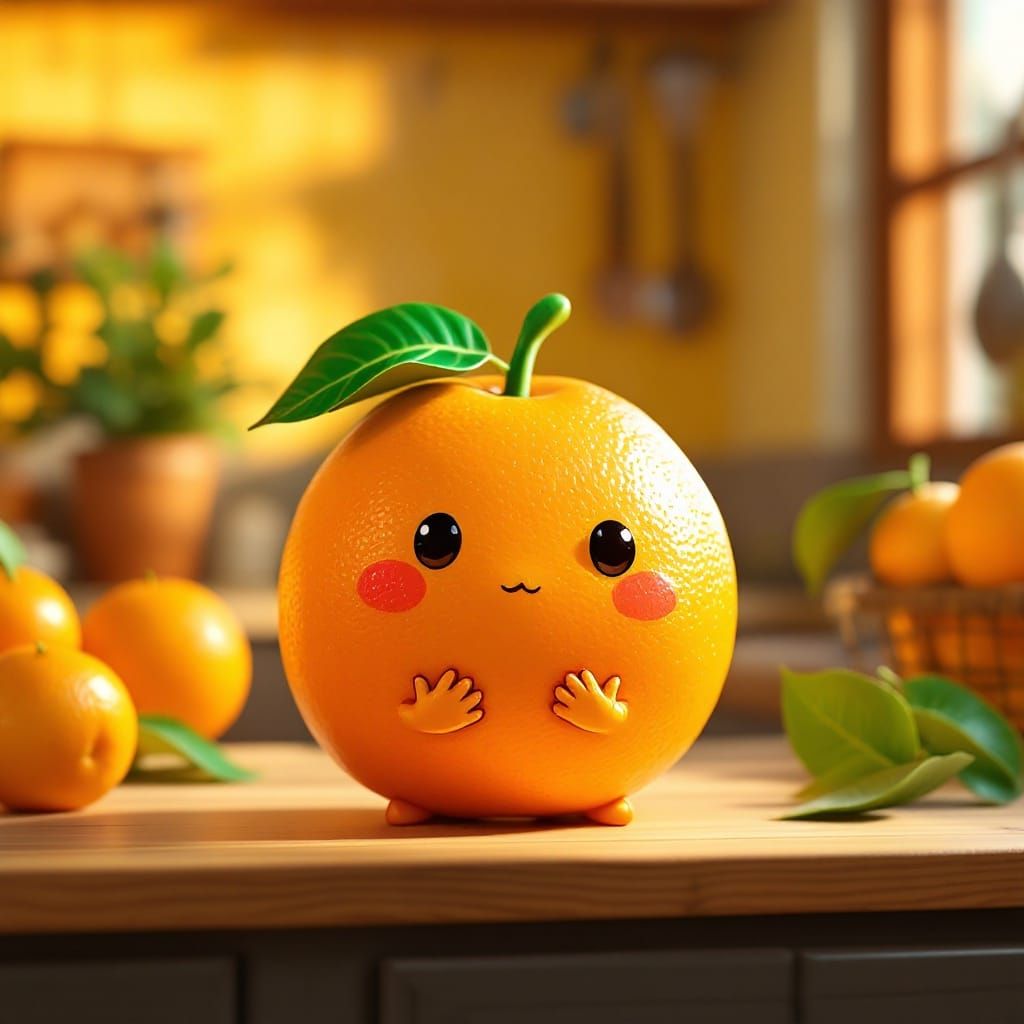 CGI Chibi Tangerine in Warm Kitchen Setting