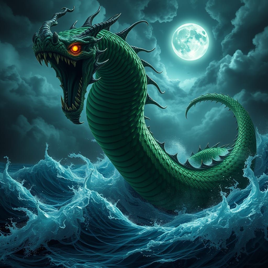 A colossalc, mythical hydra at the sea.
