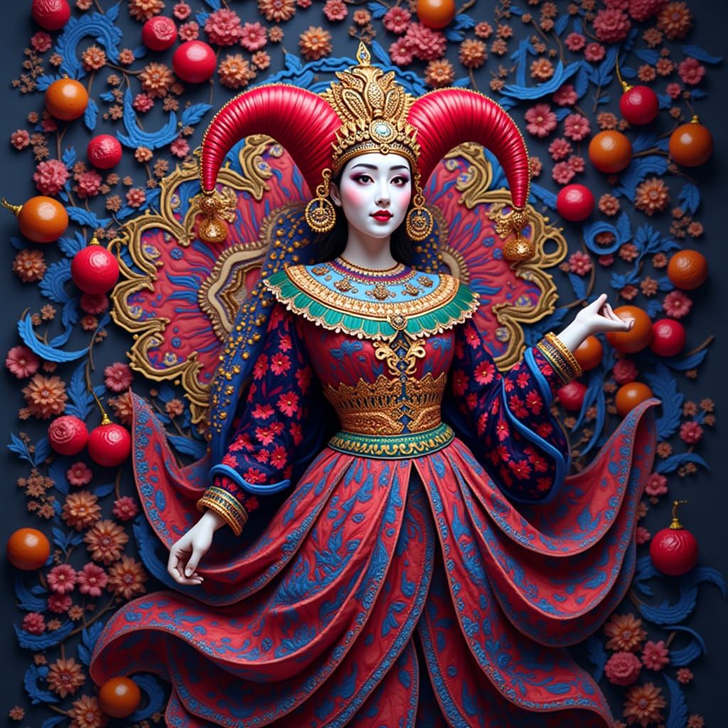 Harlequin Geisha Tutankhamun in Photorealistic Full Body Sho...