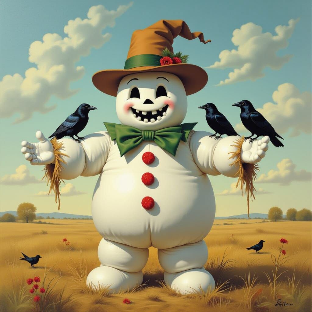 Ravens Perched on Scarecrow Marshmallow Man