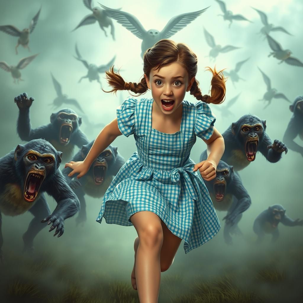 Dorothy Gale Escapes Flying Monkeys in Fantasy Scene