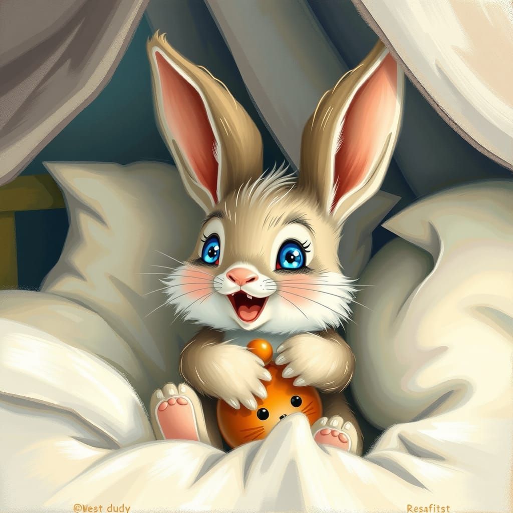 Whimsical Bunny with Toy in Atmospheric Painting