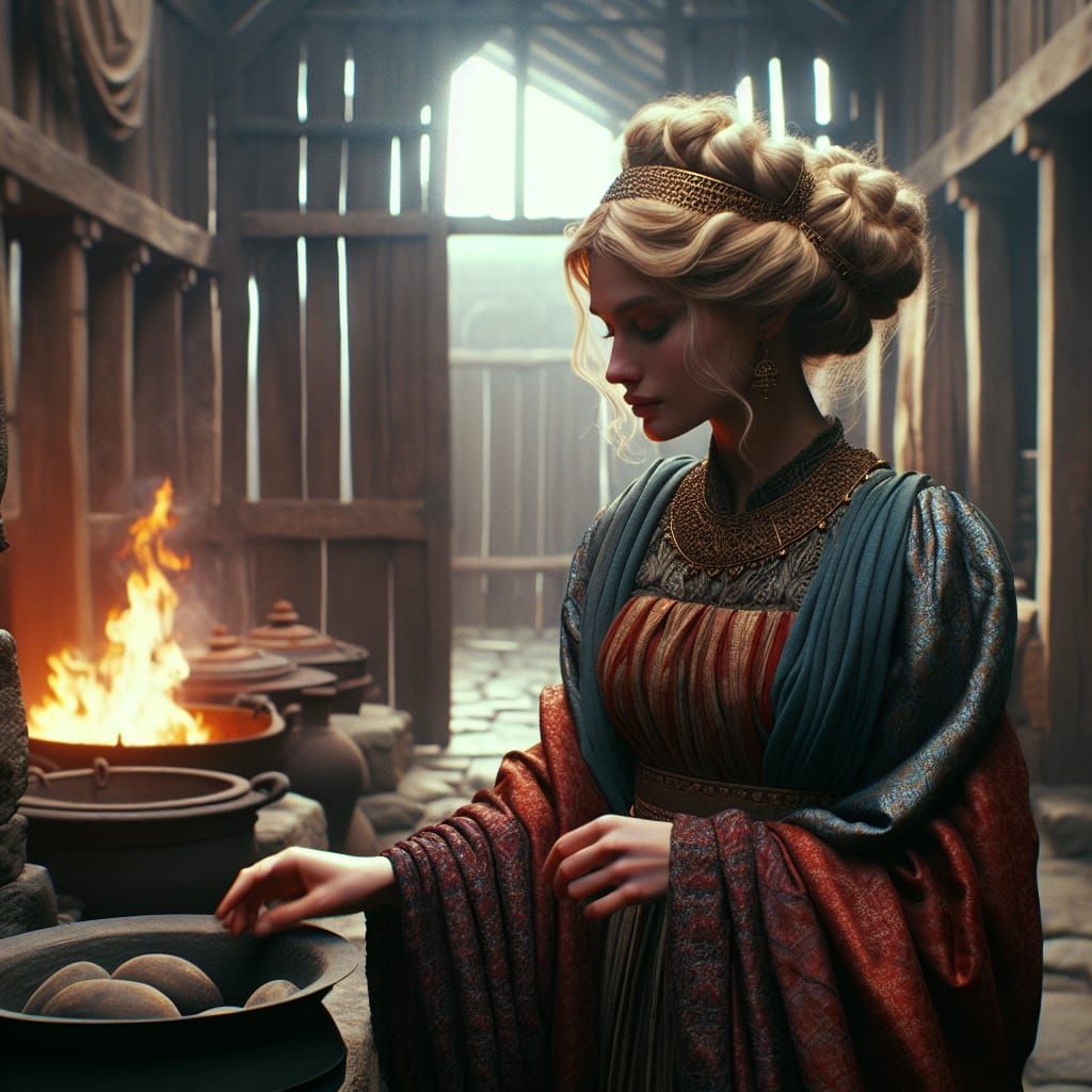 Epic Georgian Goddess Tending to the Hearth in Ancient Splen...