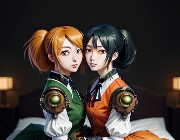 Anime Twin Sisters Kissing in Manga Style