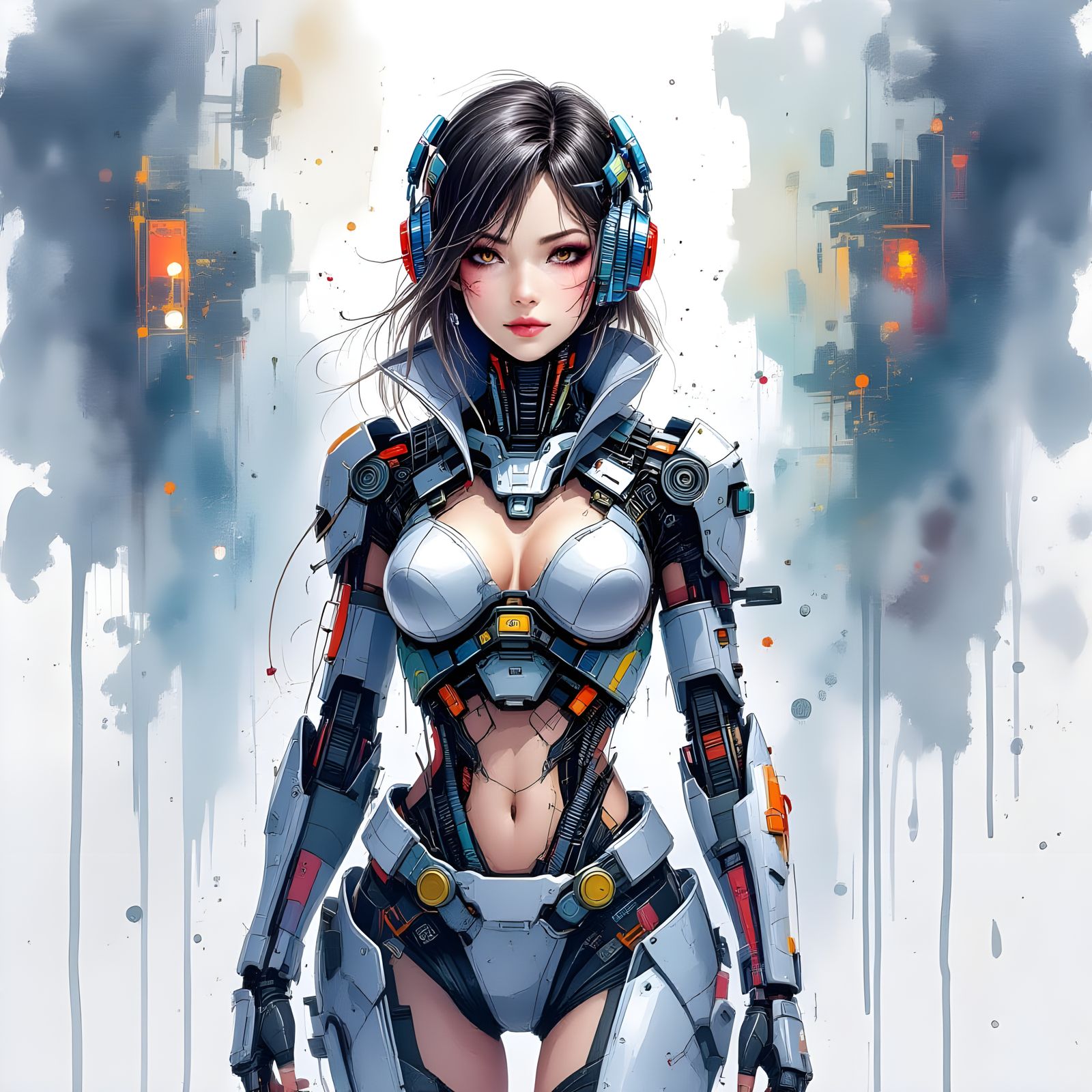 Cyborg Girl Illustration in Alcohol Ink Style