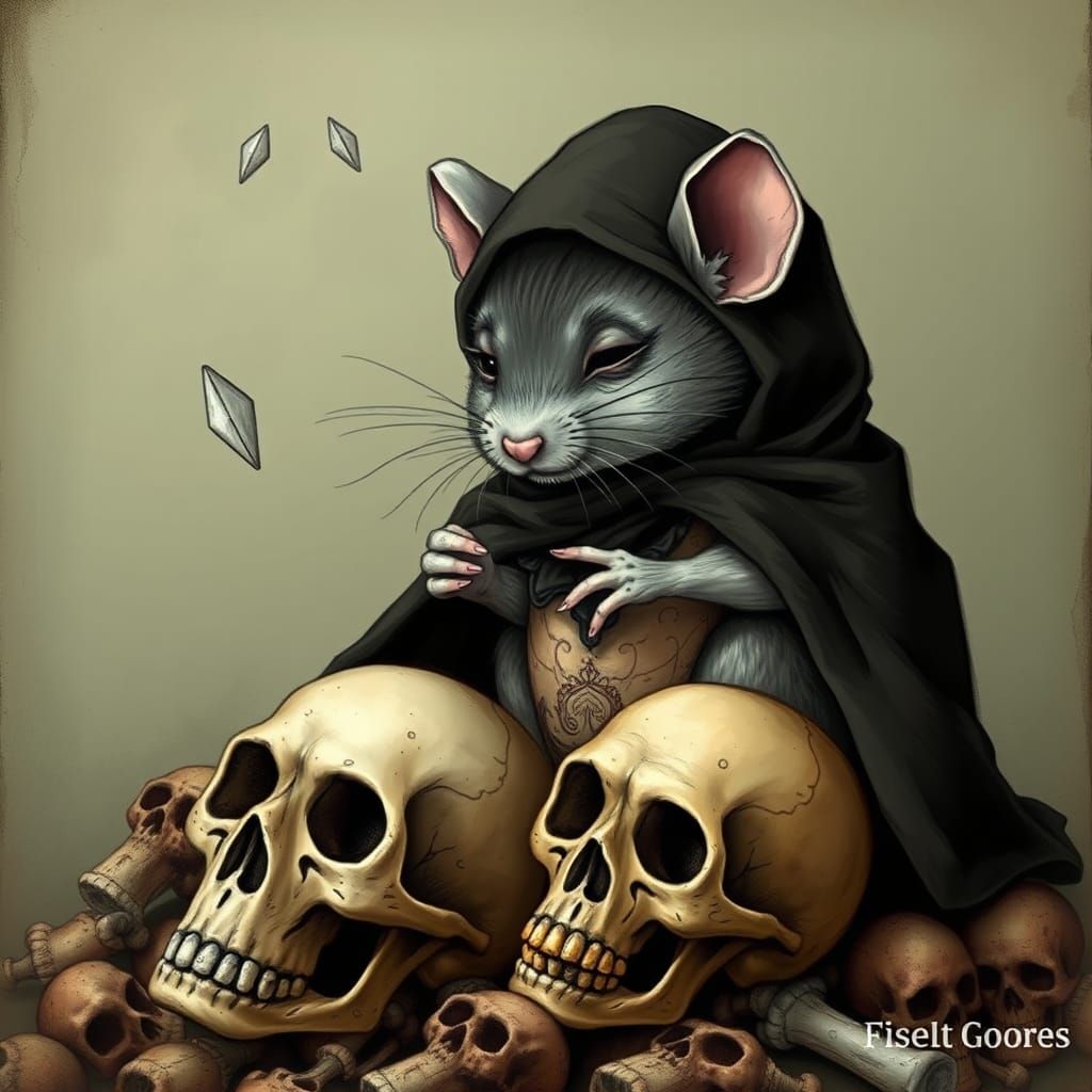 Pensive Grim Reaper Rat with Dandelion, Gorey Style