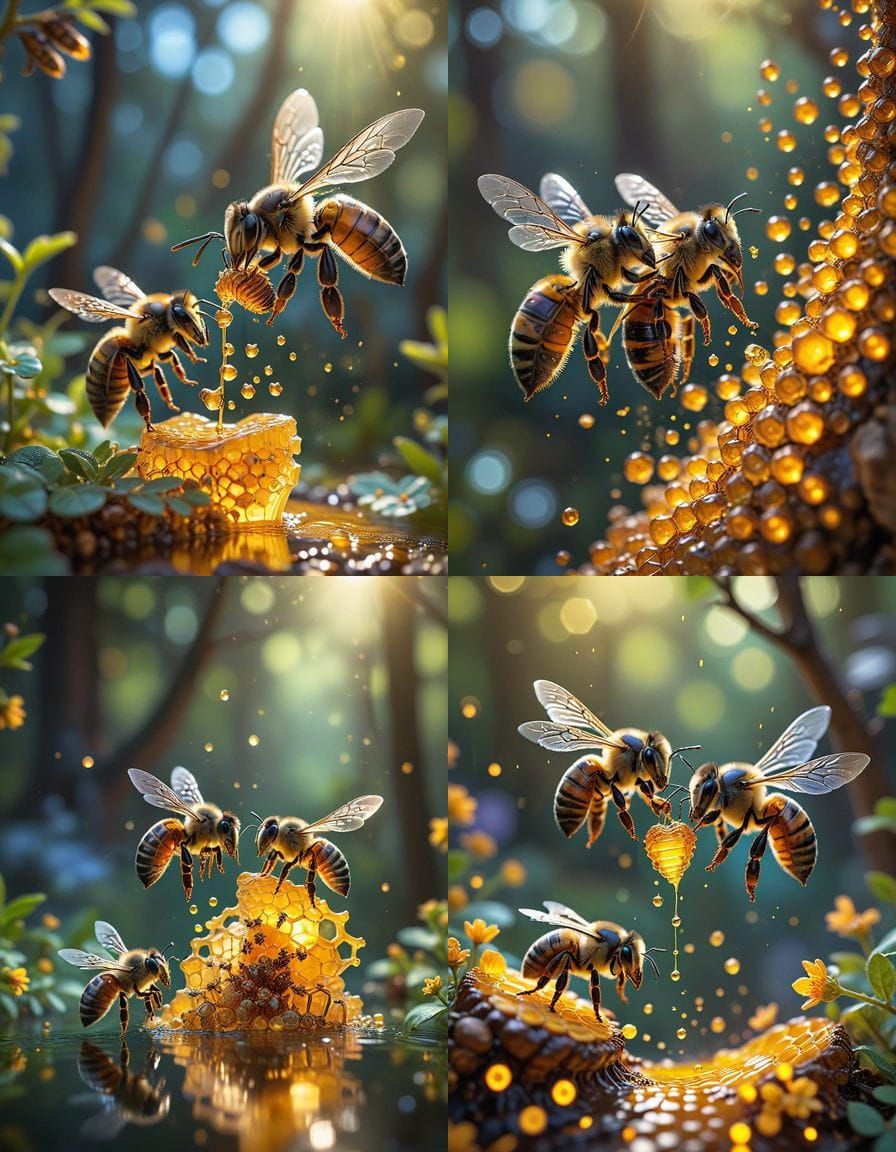 Momma Bee Saves Baby Bee from Honeycomb Deluge in Vibrant Ma...