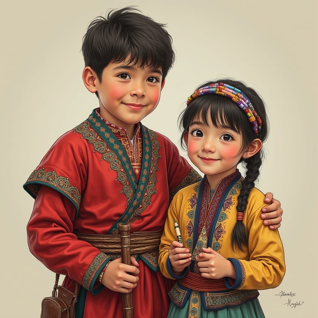 Children in Kyrgyz Dress with Crayons, Matte Painting