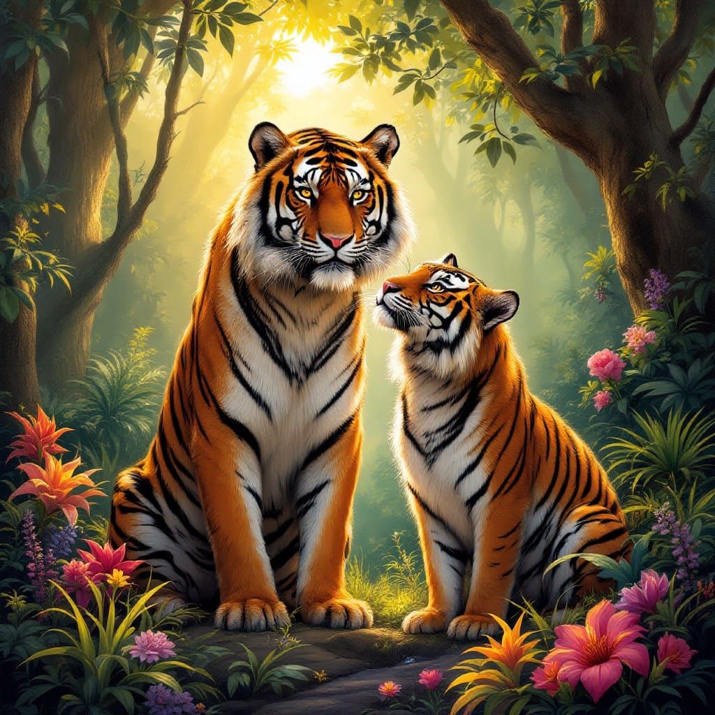 Tigers in Serene Jungle Paradise