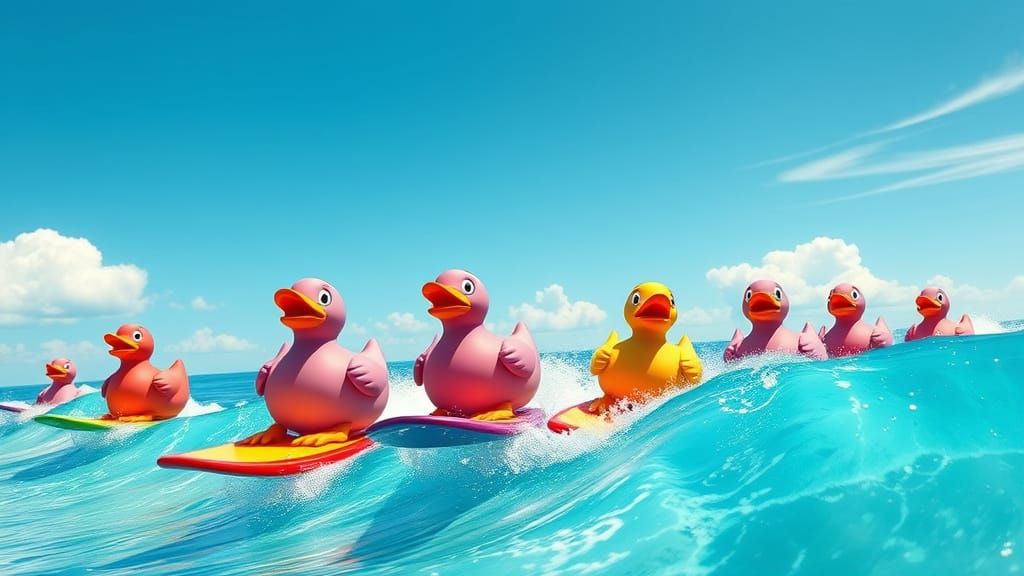 Whimsical Rubber Ducks Ride Surfboards in a Dreamlike Ocean ...