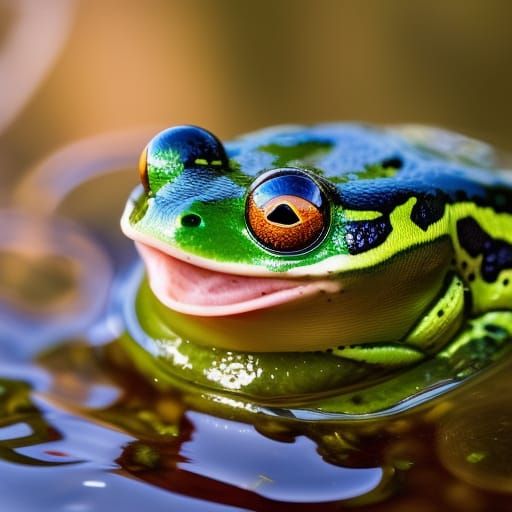 Hyperrealistic Green Frog Screaming on Lily Pad