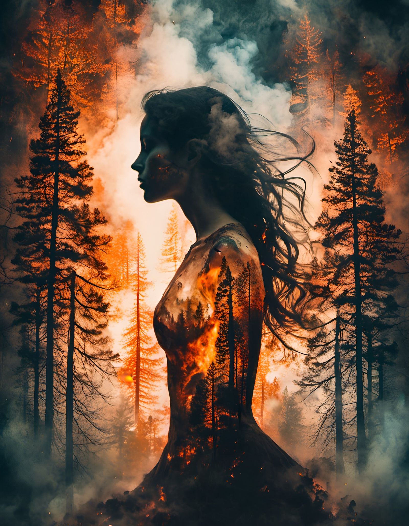 Fiery Silhouette: Double Exposure Forest Art