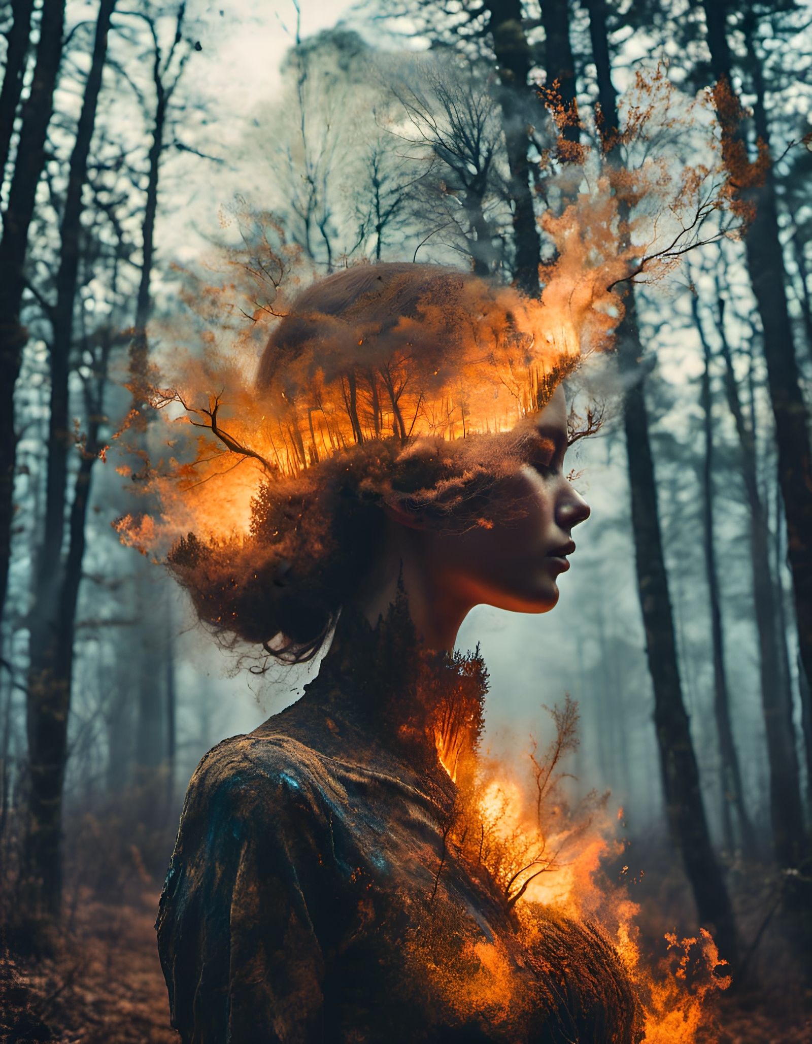 Double Exposure Silhouette of Woman and Burning Forest
