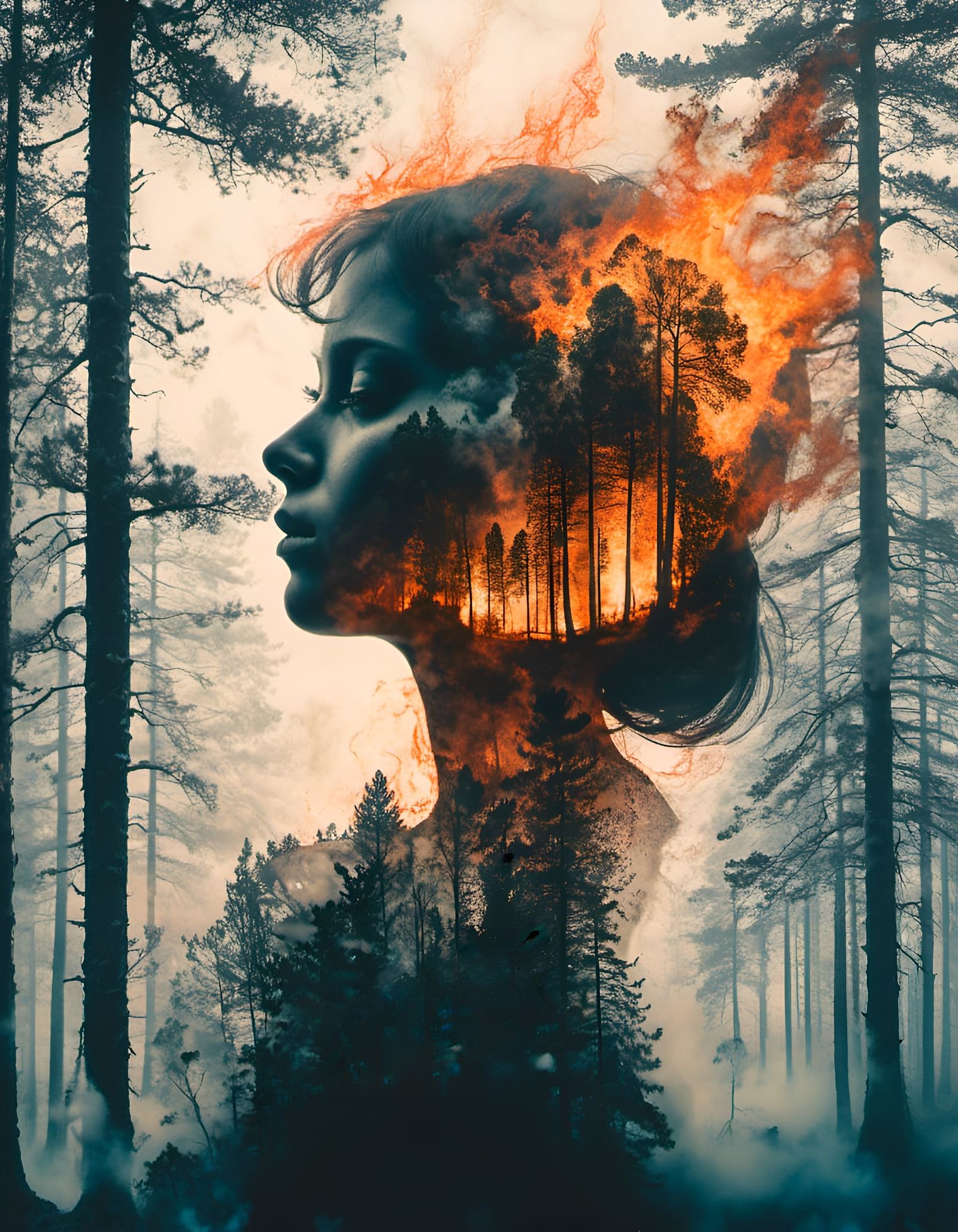 Double Exposure: Woman and Burning Forest