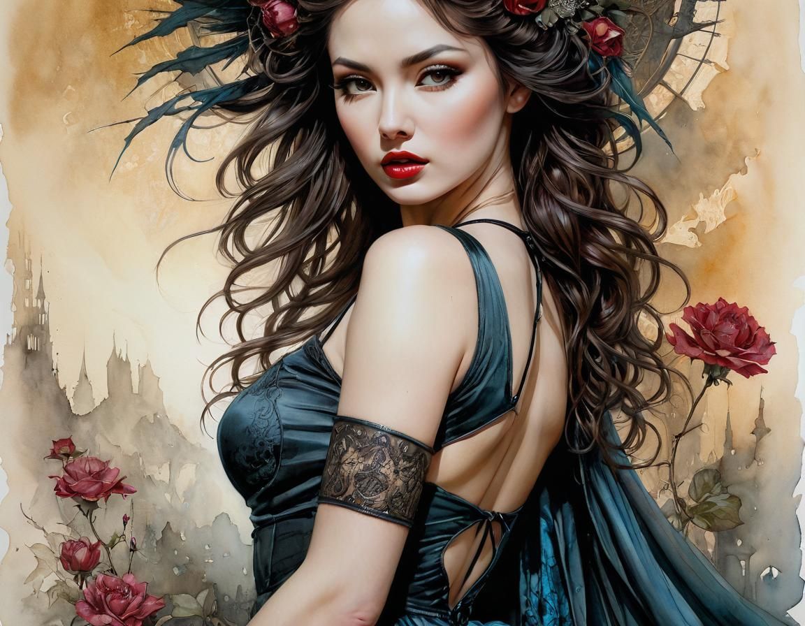 Surreal Dark Fantasy Maiden Watercolor Painting