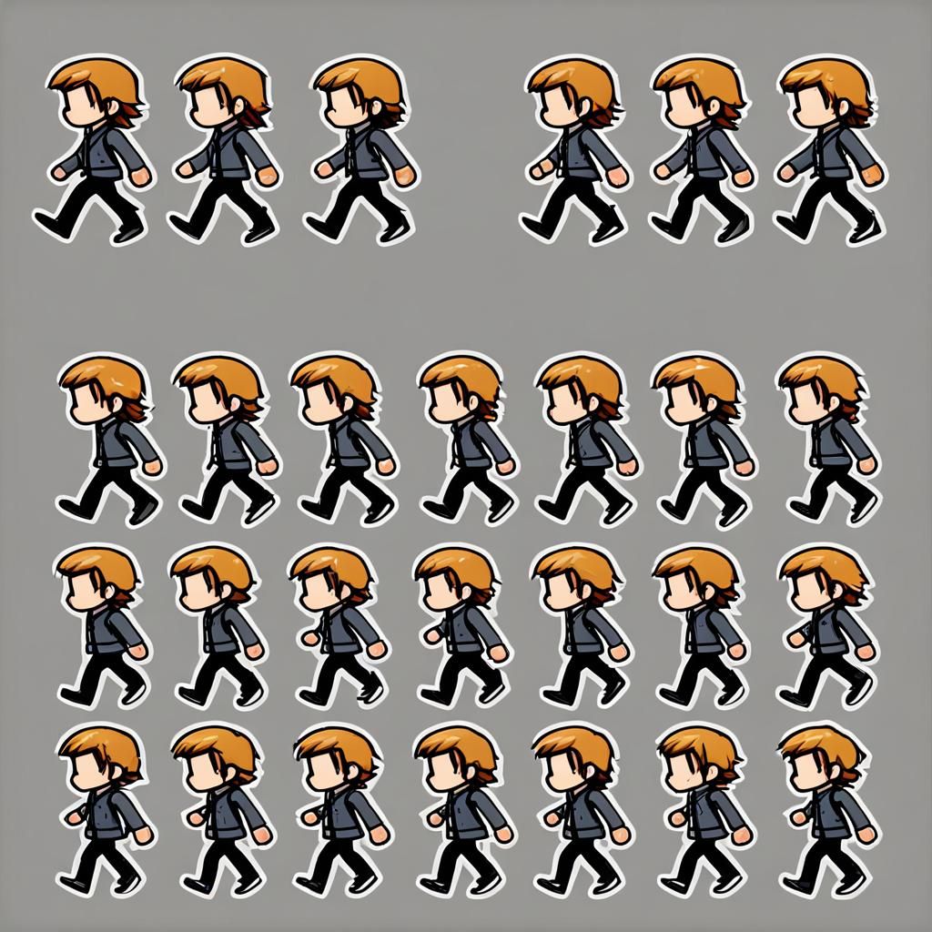 Create a sprite sheet of 16 identical chibi character walking, in multiple angles. There should be 4 lines with each lin...