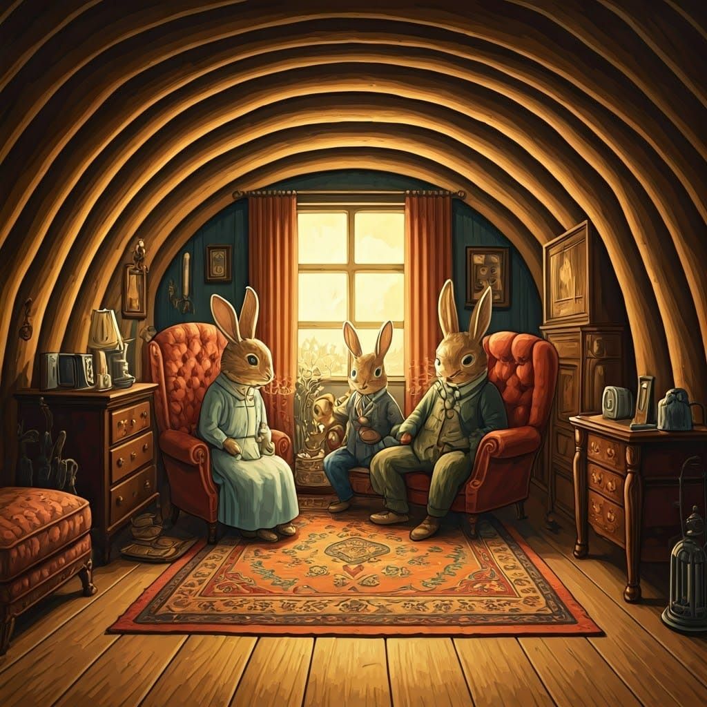 Cozy Rabbit Family in 1930s Country House Burrow