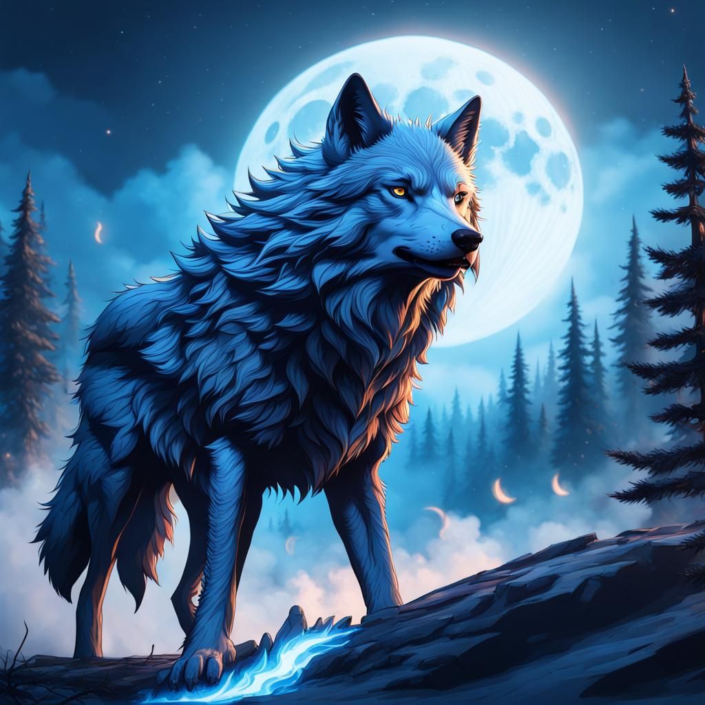 Blue Wolf Howling at Blue Moon in Fantasy Art