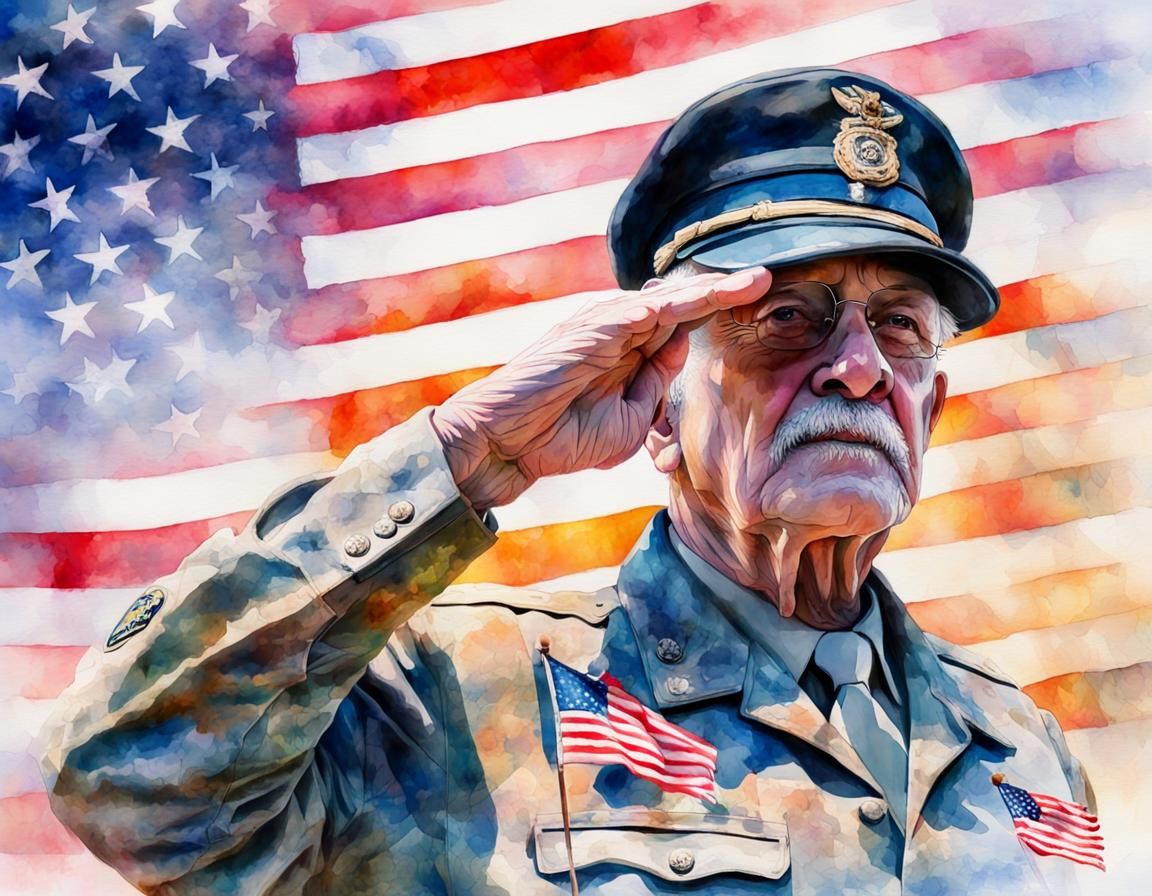 Veteran Saluting Flag in Watercolor Art Style