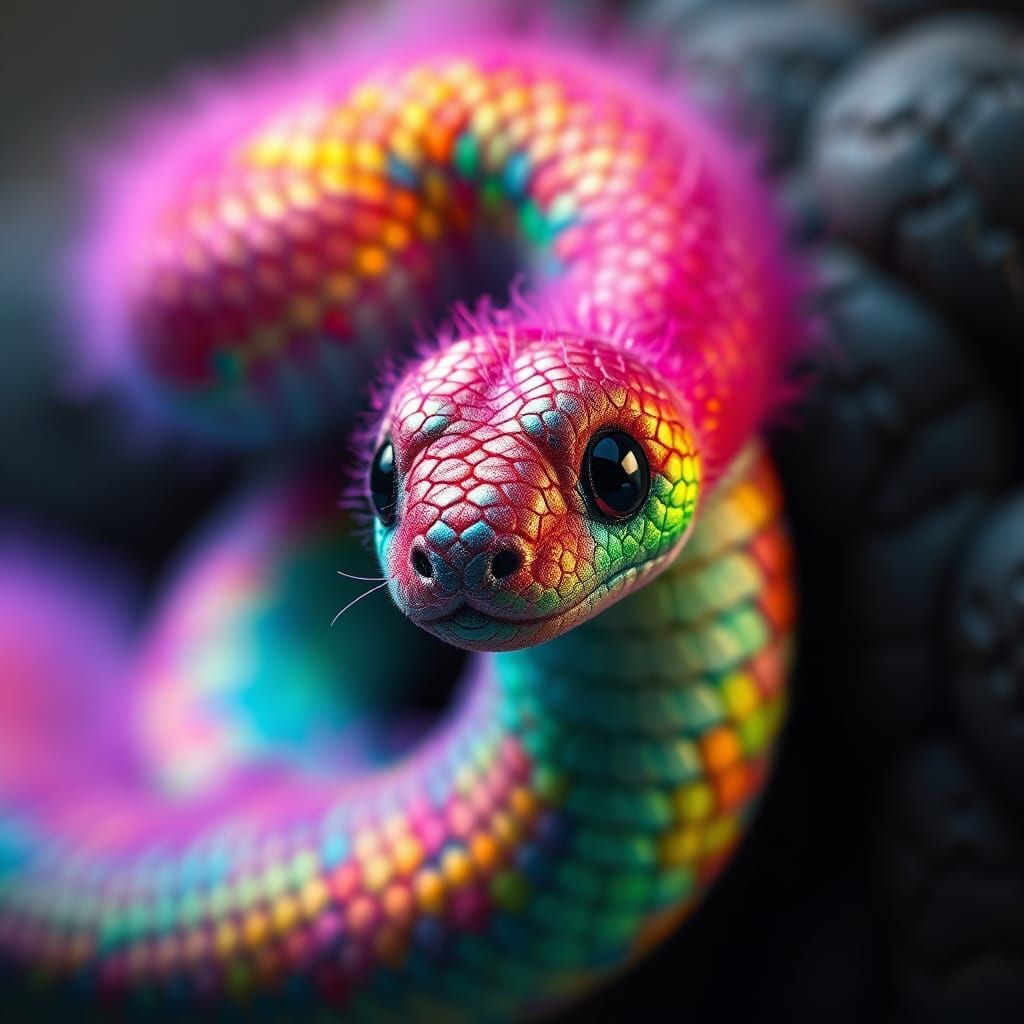 Fluffy Baby Snake in Iridescent Colors, Digital Art