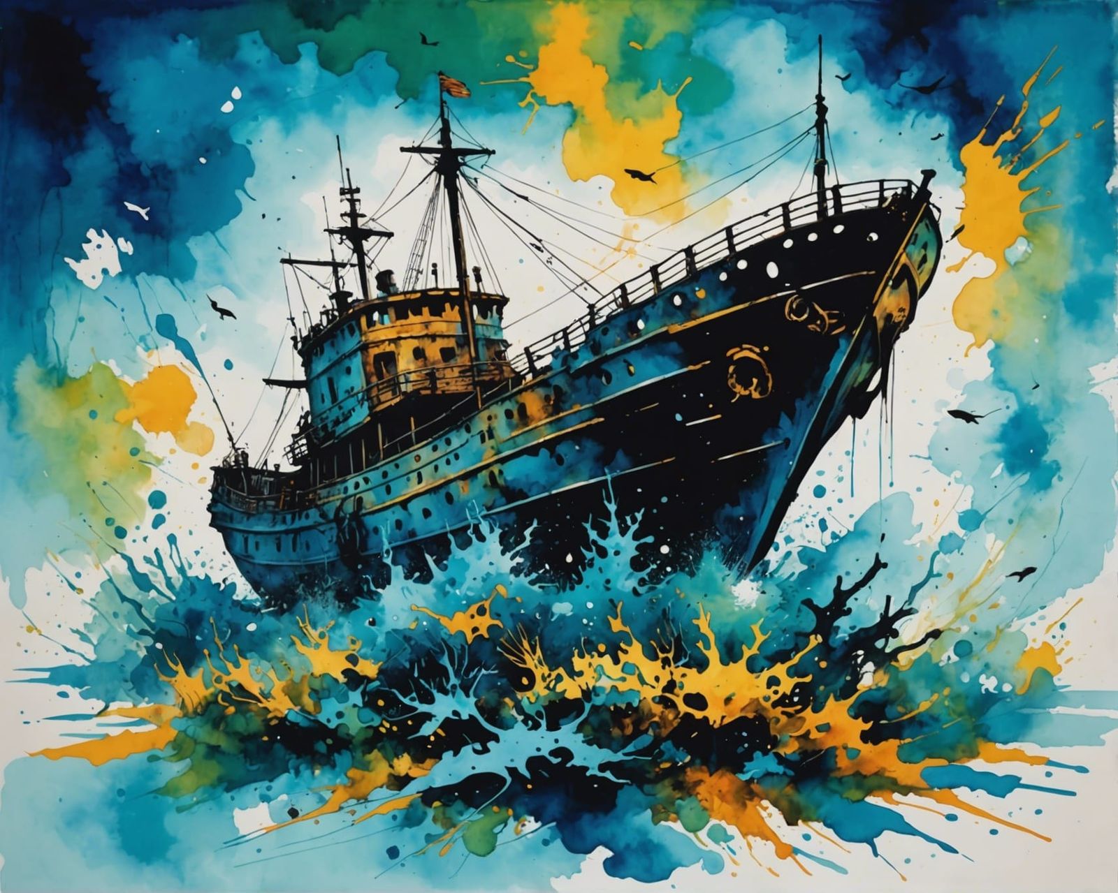 Underwater Shipwreck Ink Splatter Painting
