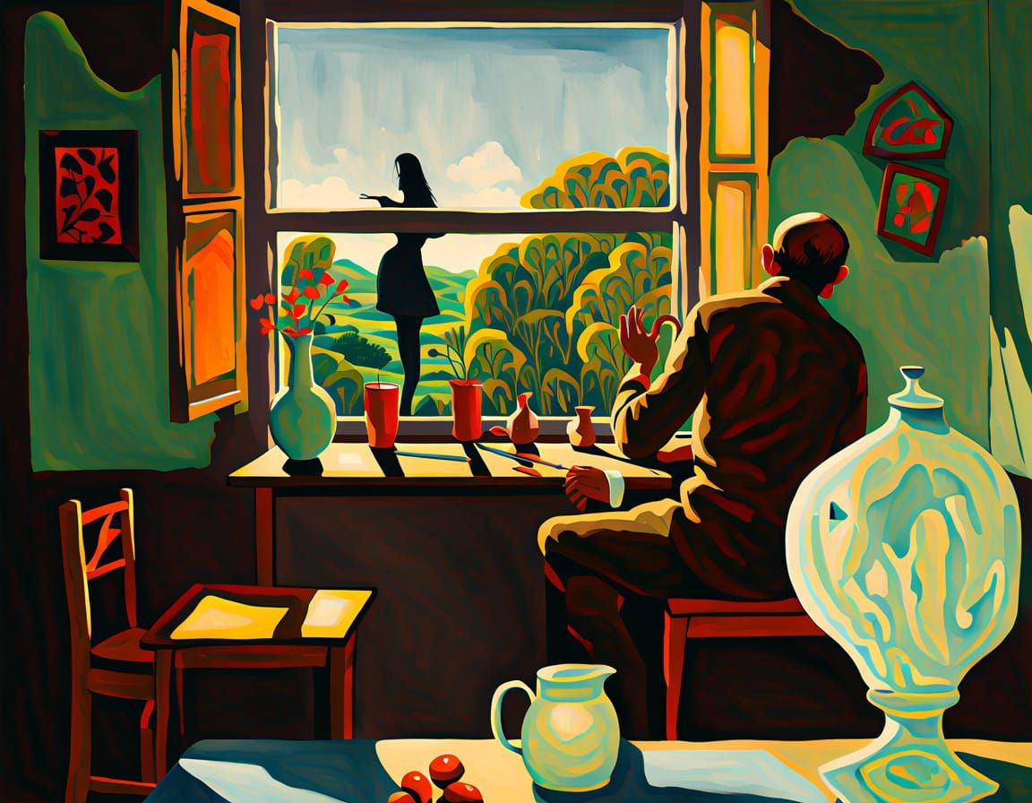 Mysterious Figure Leering Through Window, Gouache and Waterc...