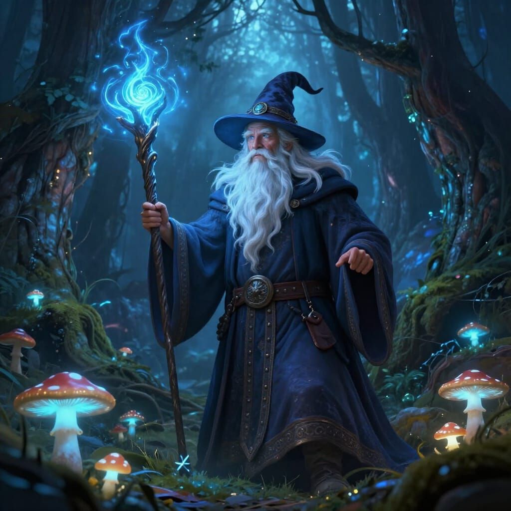 Wise Wizard Casting Spell in Mystical Forest