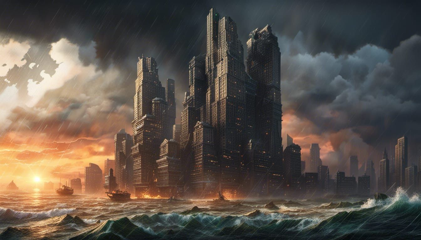 Futuristic Ruined City at Sunset: Dark Fantasy Art