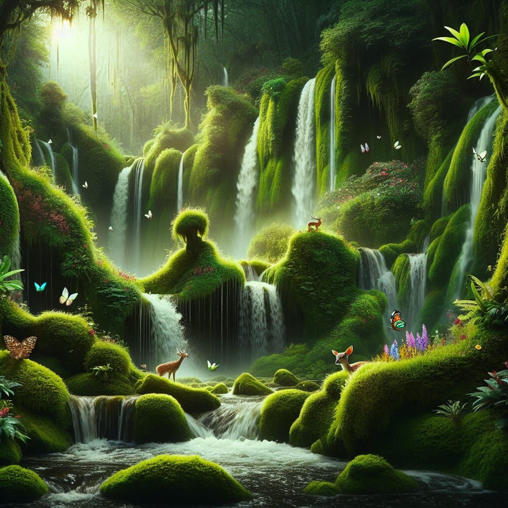 Lush Rainforest with Waterfalls and Baby Deer