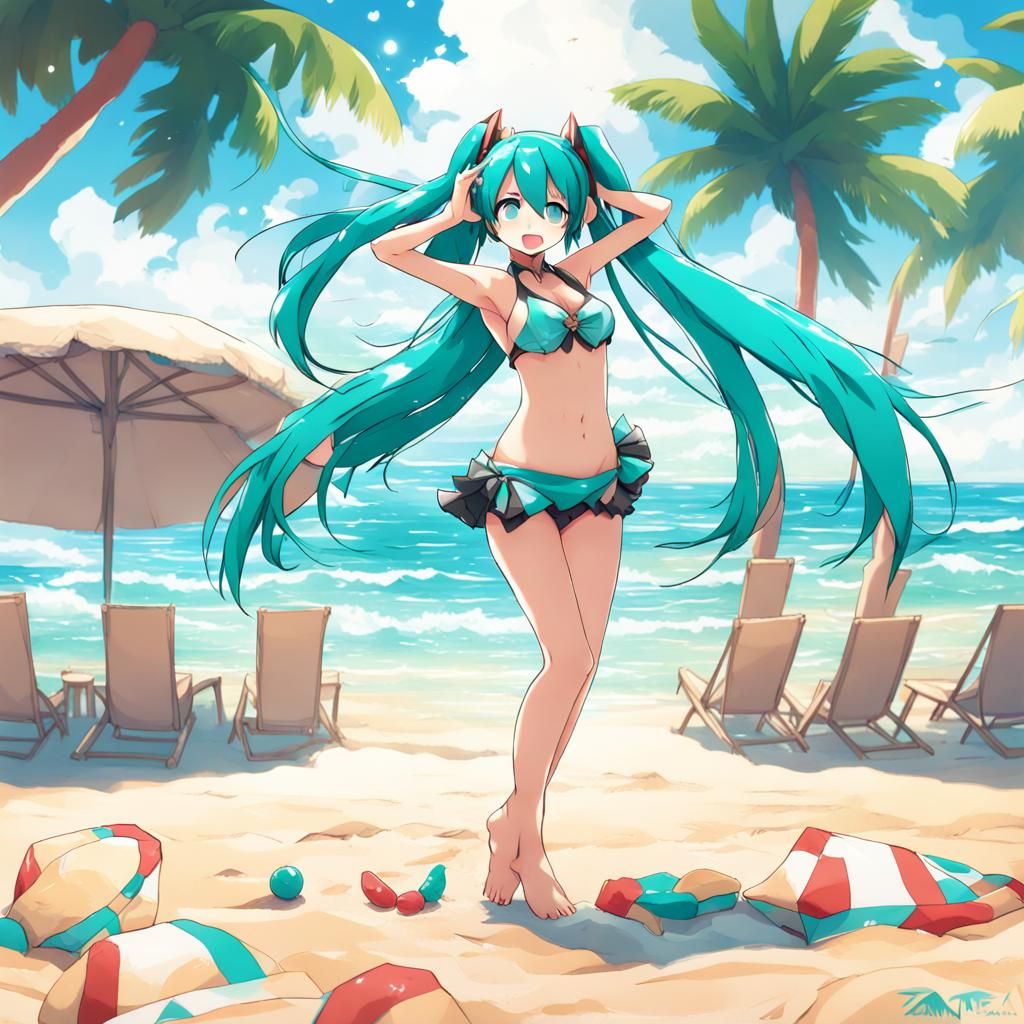Hatsune Miku Dancing on the Beach in Anime Style