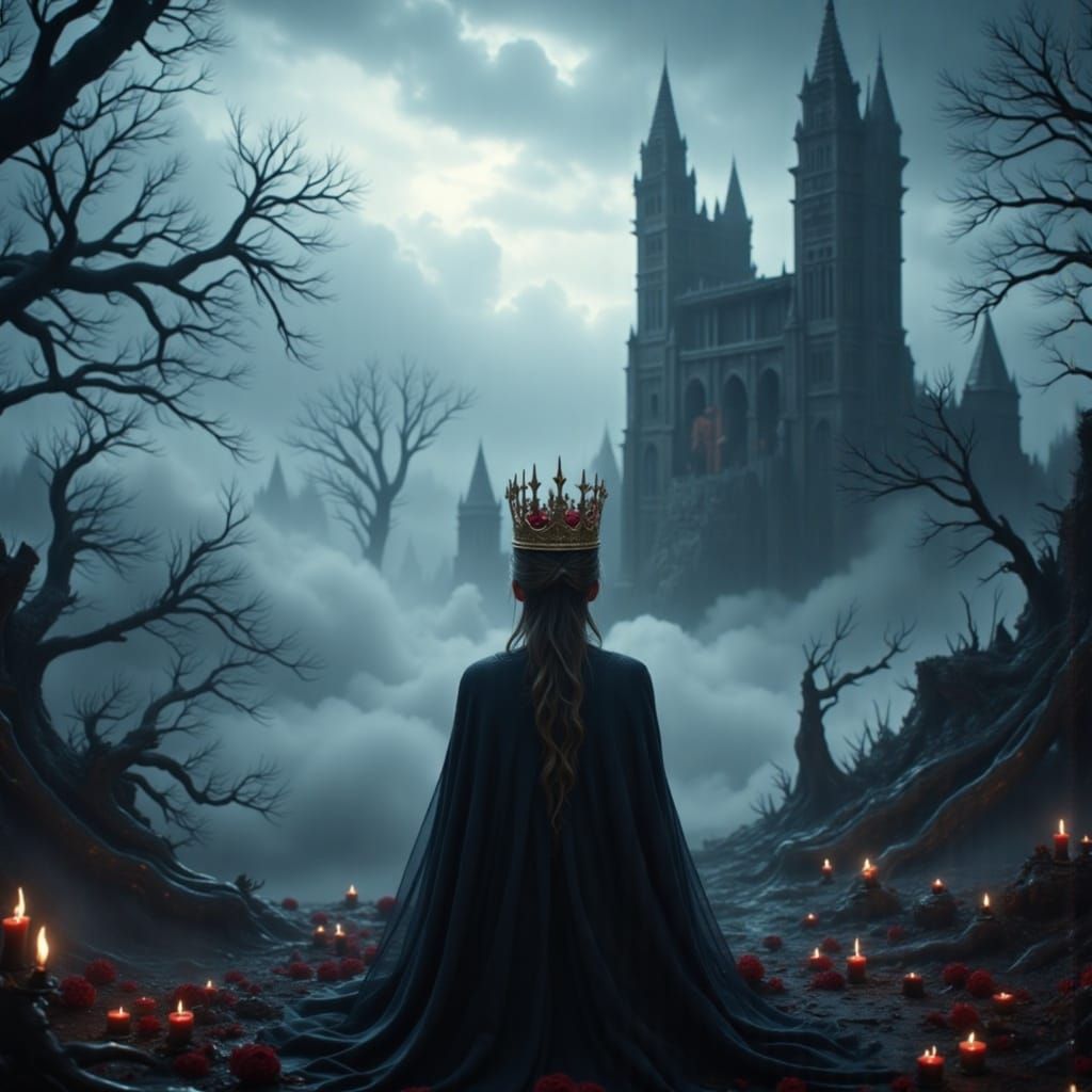 Gothic Queen Surveys Foggy Kingdom from Tower