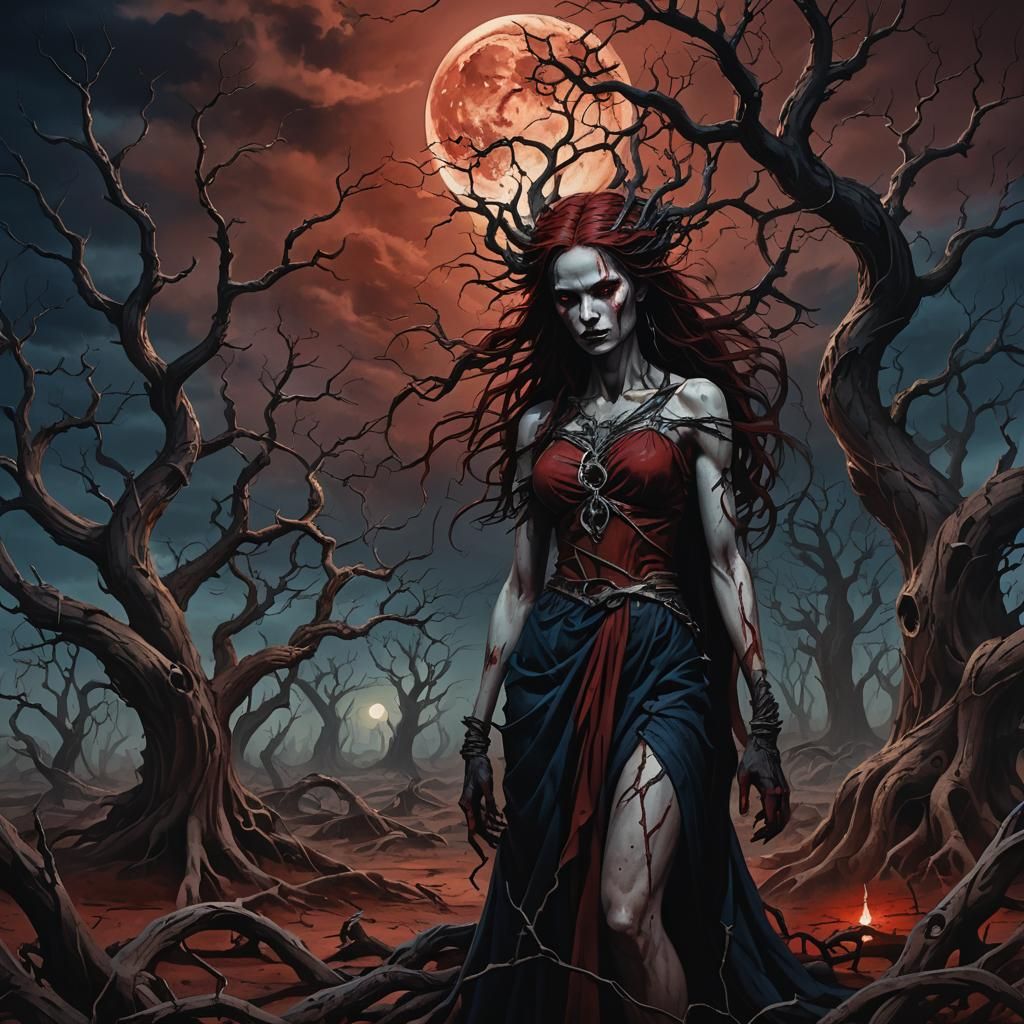 Dark Fantasy Lilith in Barren Landscape