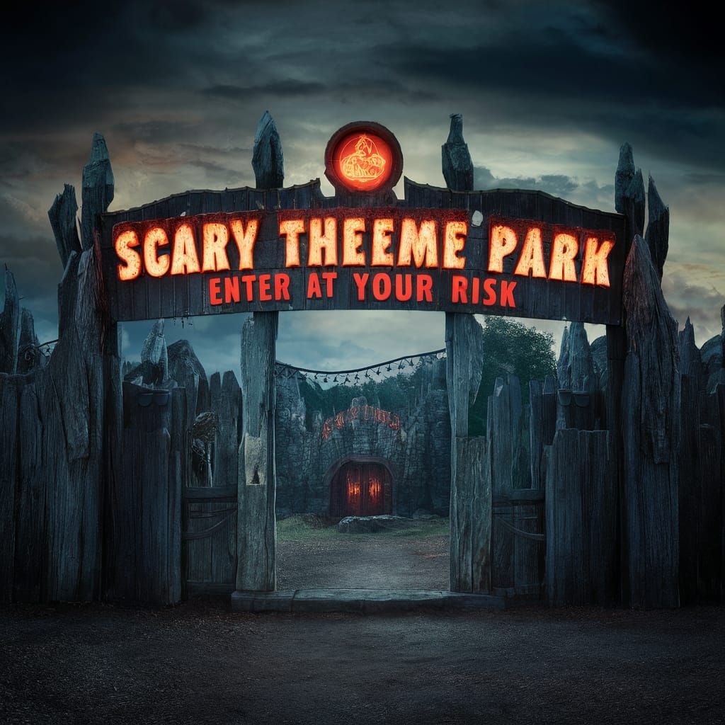Eerie Theme Park with a Risk Warning Sign