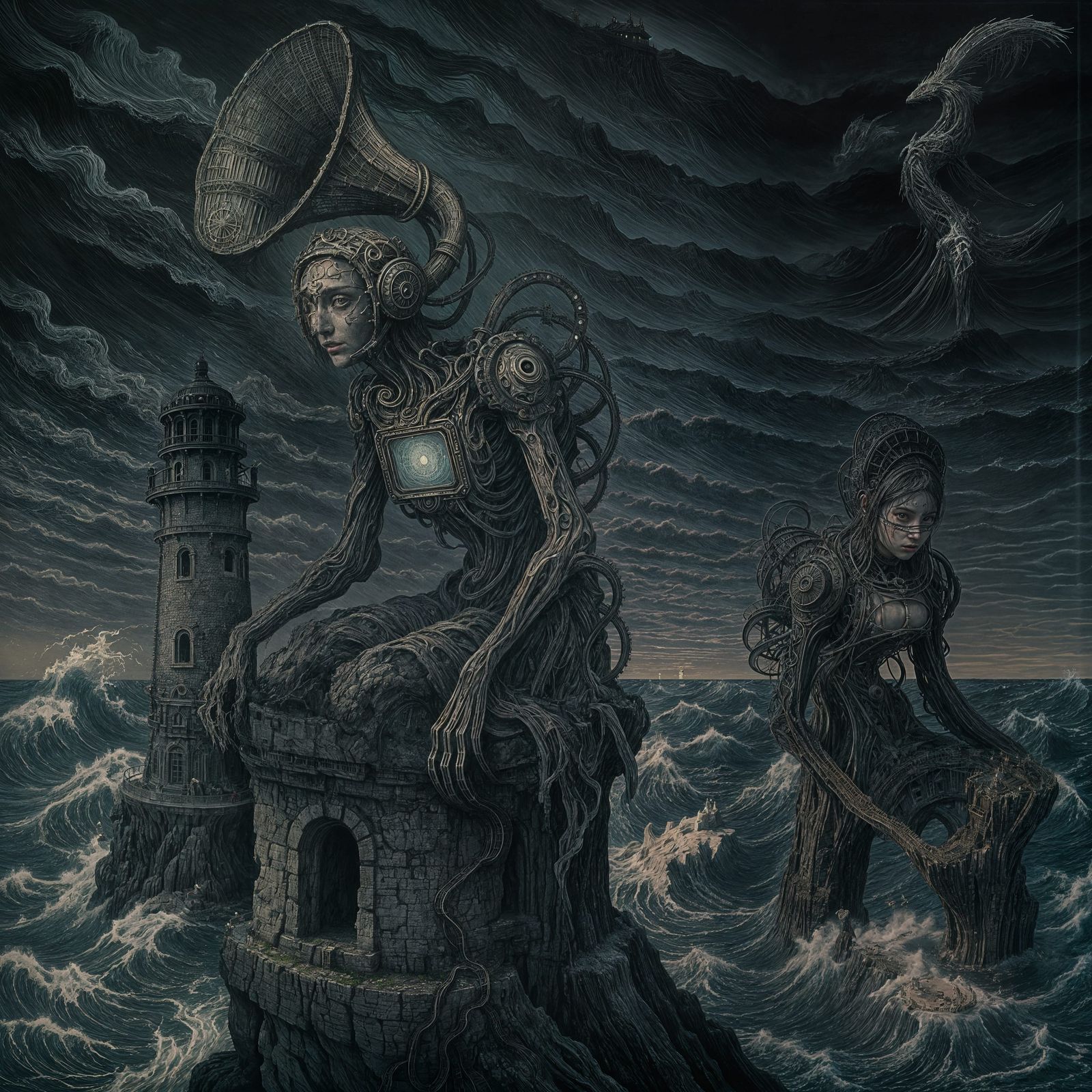 siren perched atop a decaying lighthouse