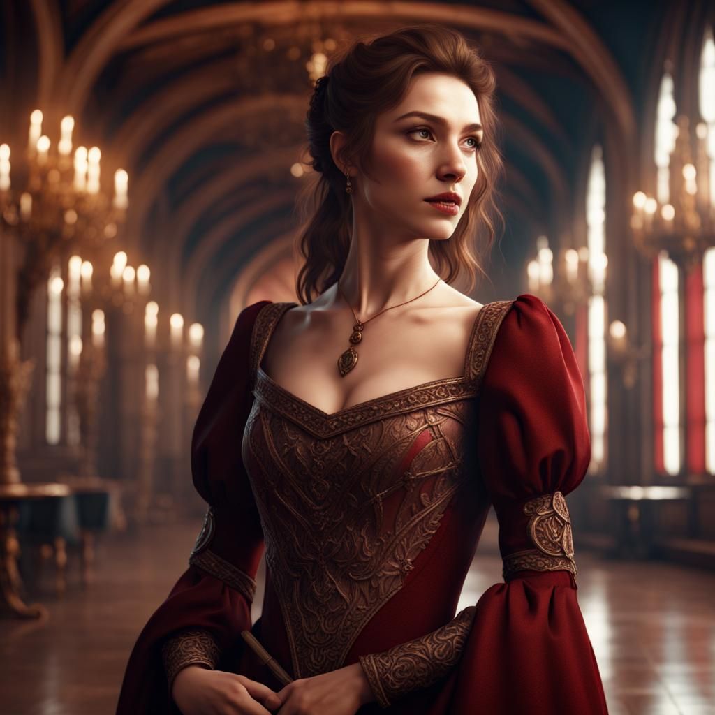 Medieval Woman in Red Dress, Detailed Digital Painting