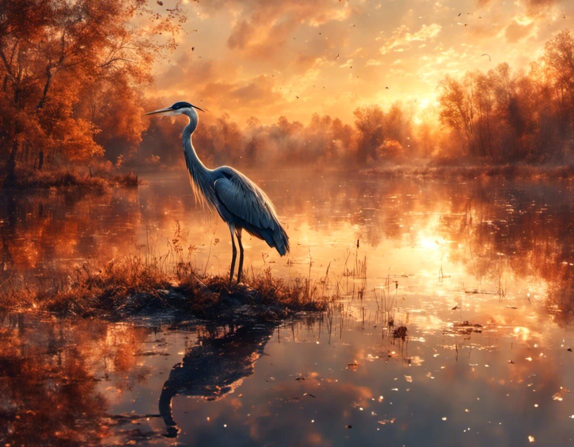 Heron and Reflection at Sunset: Exquisite Painting