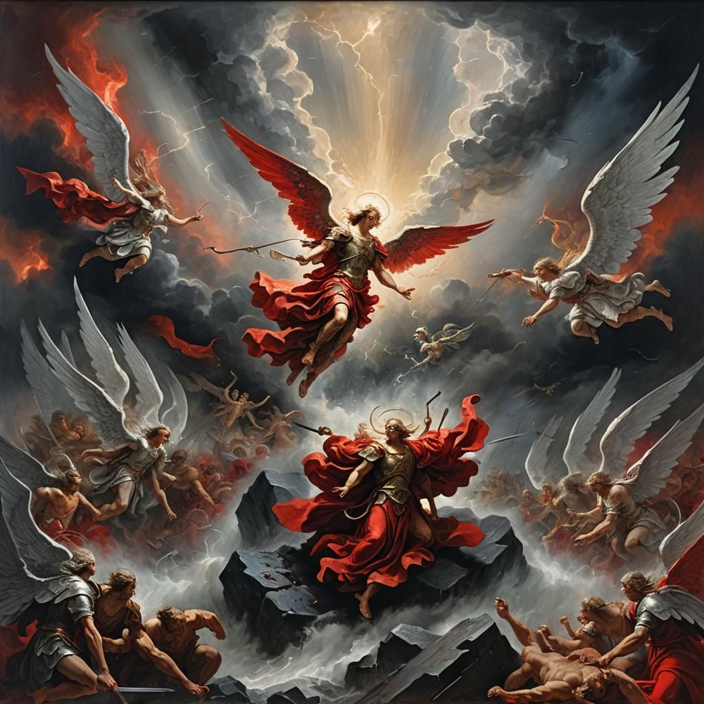 Angel's Battle Against Fallen Angels: Epic Oil Painting