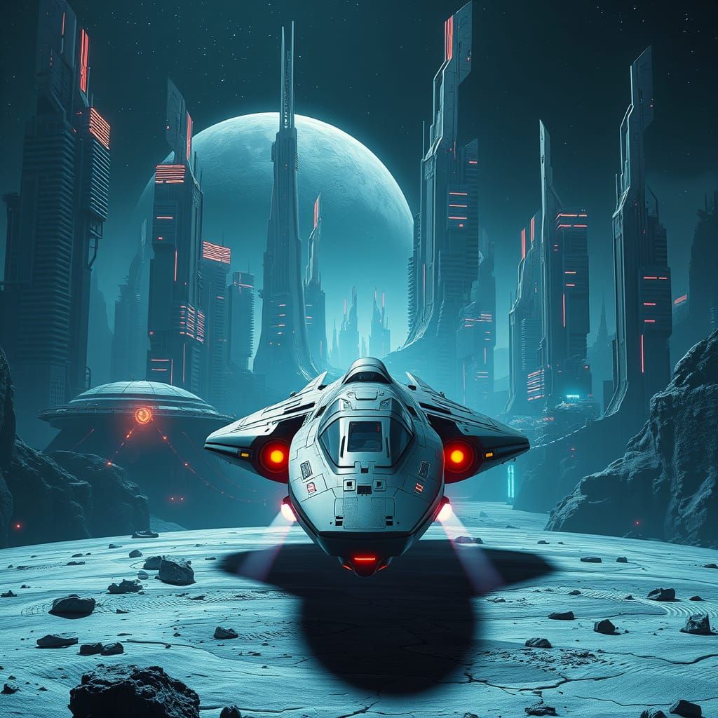 Lunar Cityscape at Dusk in Cyberpunk Style