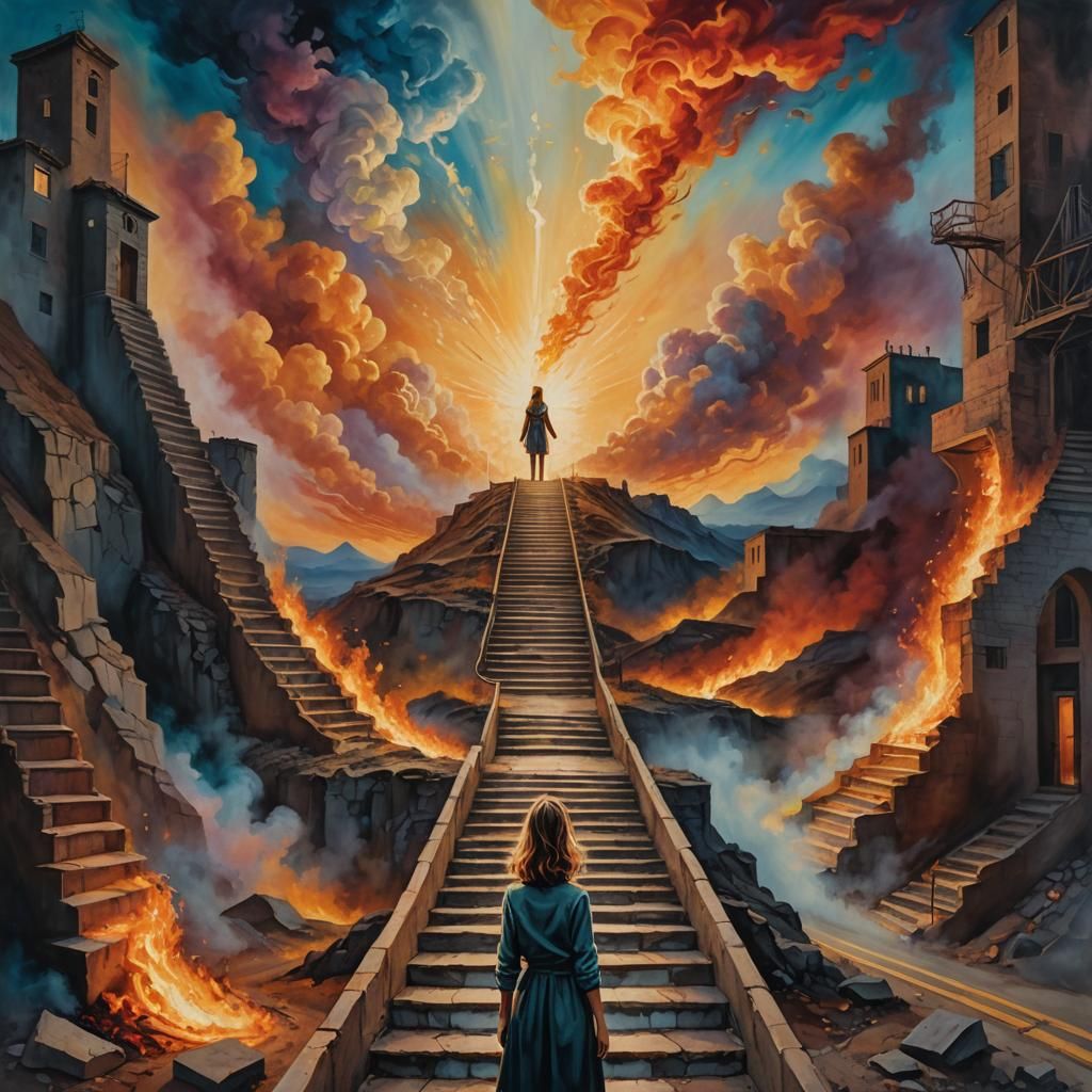 Surreal Stairway to Heaven Oil Painting in Triadic Colors