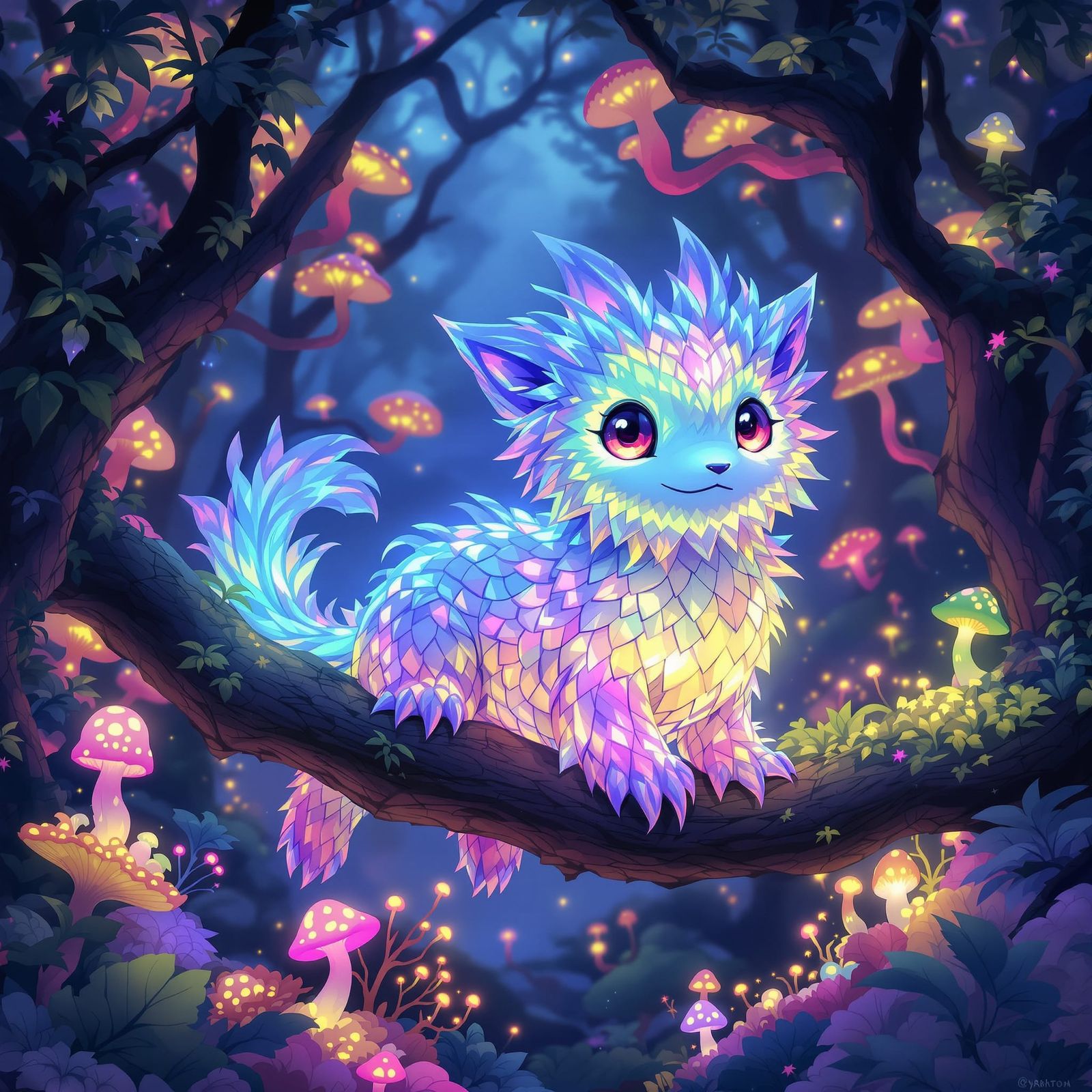 Holographic Bioluminescent Creature in Alien Forest